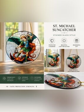 St. Michael Stained Glass Suncatcher - Blue, Green, Orange